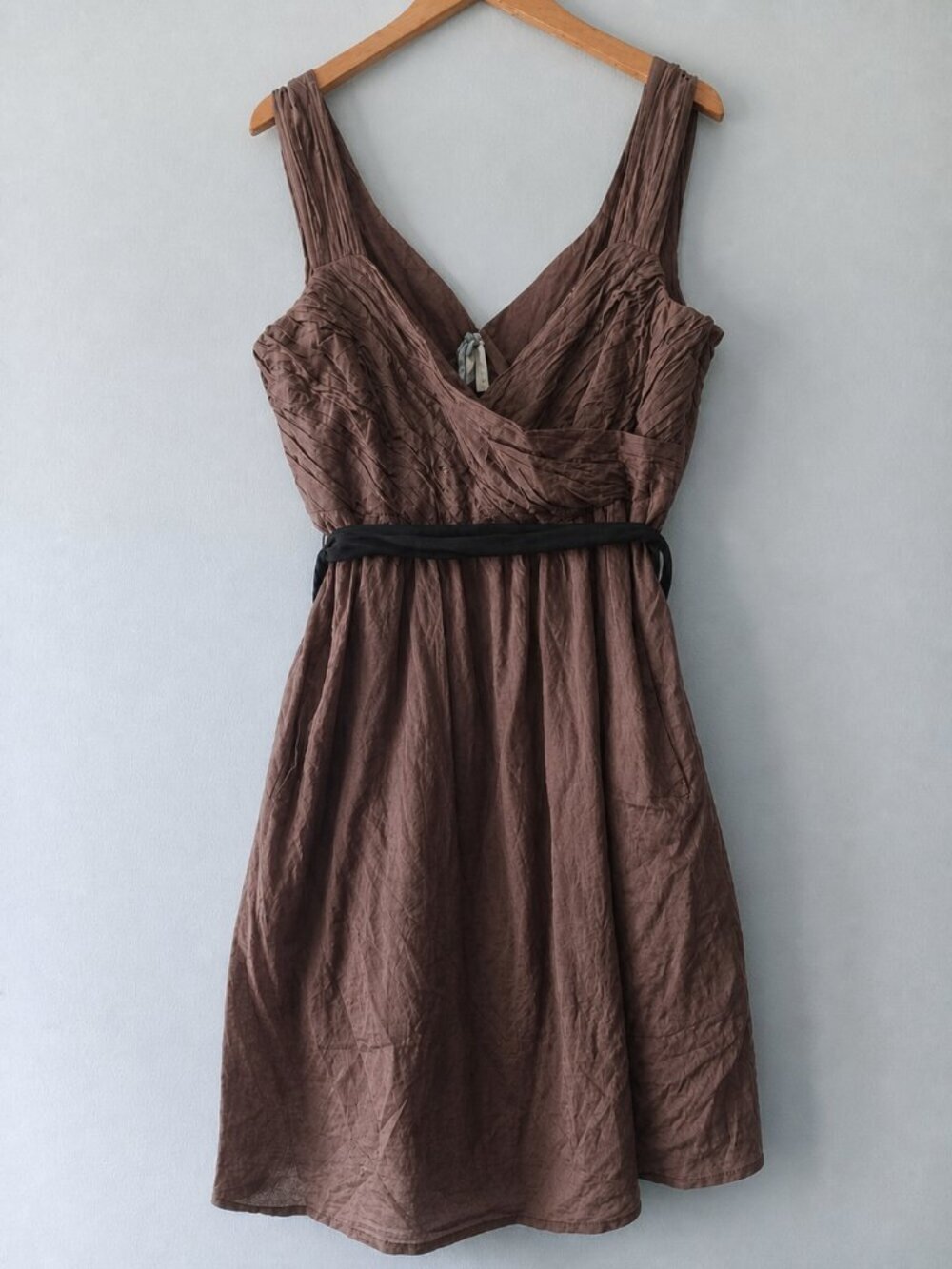 Maeve Brown Boho Cottagecore Ruched V Neck Cotton Fit Flare Belted Dress 10